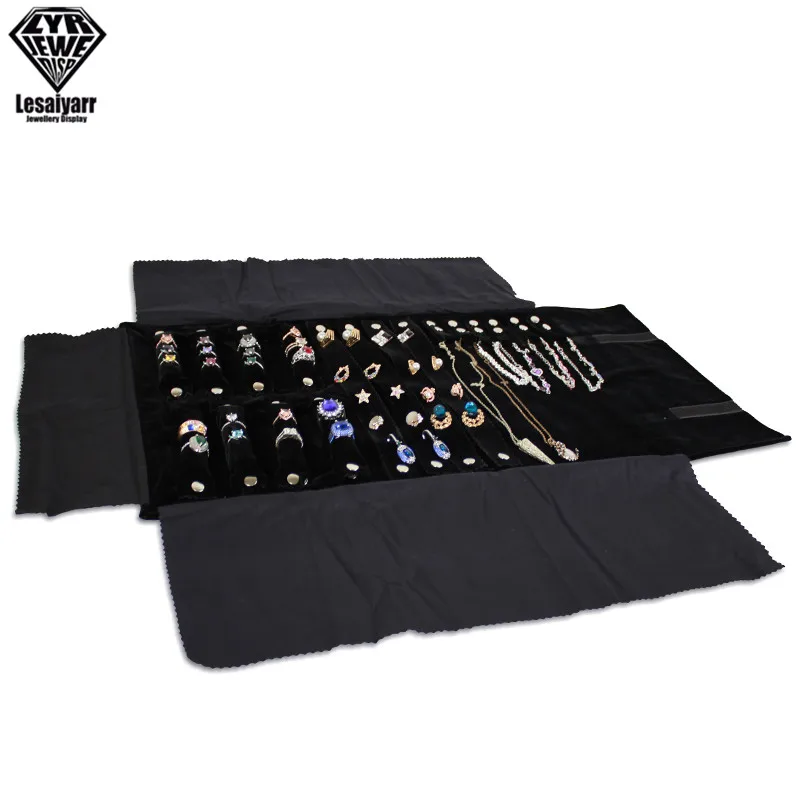 Portable Travel Jewelry Roll Bag Black Velvet Pendant Necklace Bracelet Storage Case Watch Bangle Ring Earring Organizer