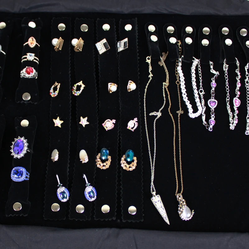 Portable Travel Jewelry Roll Bag Black Velvet Pendant Necklace Bracelet Storage Case Watch Bangle Ring Earring Organizer