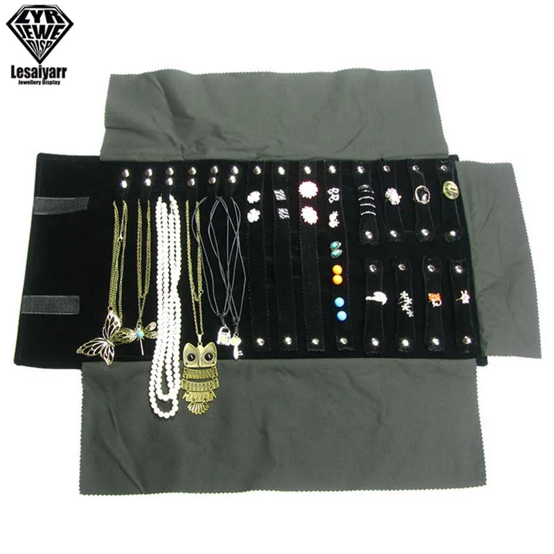 Portable Travel Jewelry Roll Bag Black Velvet Pendant Necklace Bracelet Storage Case Watch Bangle Ring Earring Organizer