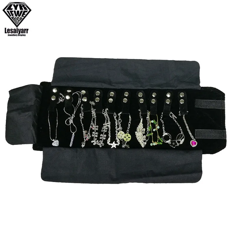 Portable Travel Jewelry Roll Bag Black Velvet Pendant Necklace Bracelet Storage Case Watch Bangle Ring Earring Organizer