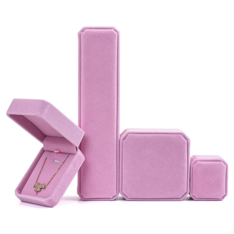 Pink Velvet Octagon Jewelry Box Necklaces Pendants Bracelets Box Rings Earrings Box Jewelry Storage Display Jewelry Package Case