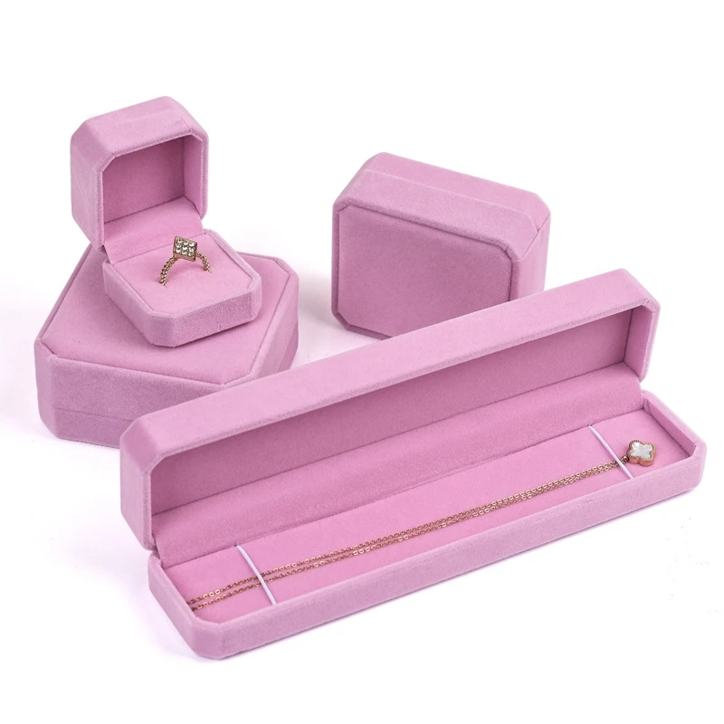 Pink Velvet Octagon Jewelry Box Necklaces Pendants Bracelets Box Rings Earrings Box Jewelry Storage Display Jewelry Package Case