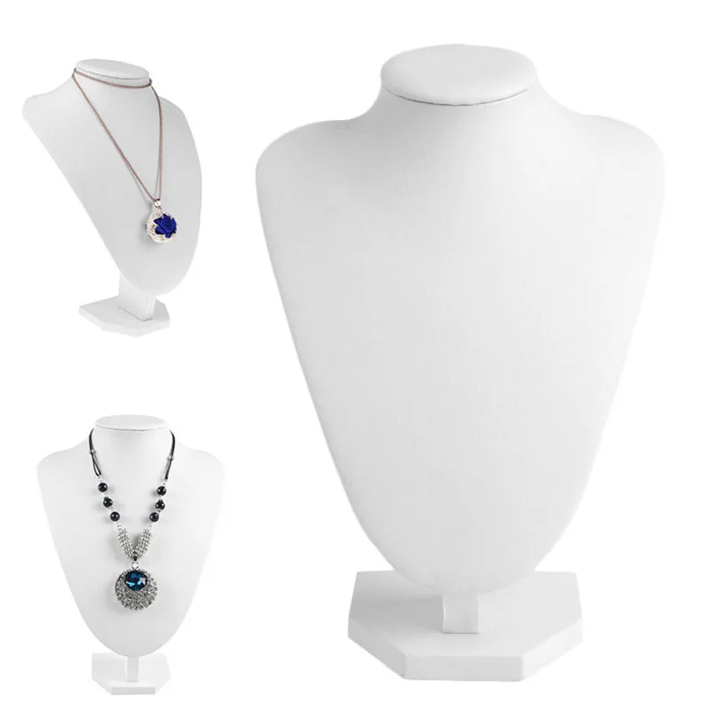 White Jewelry Bust Necklace Display Stand Trade Show Holder with Faux Leather
