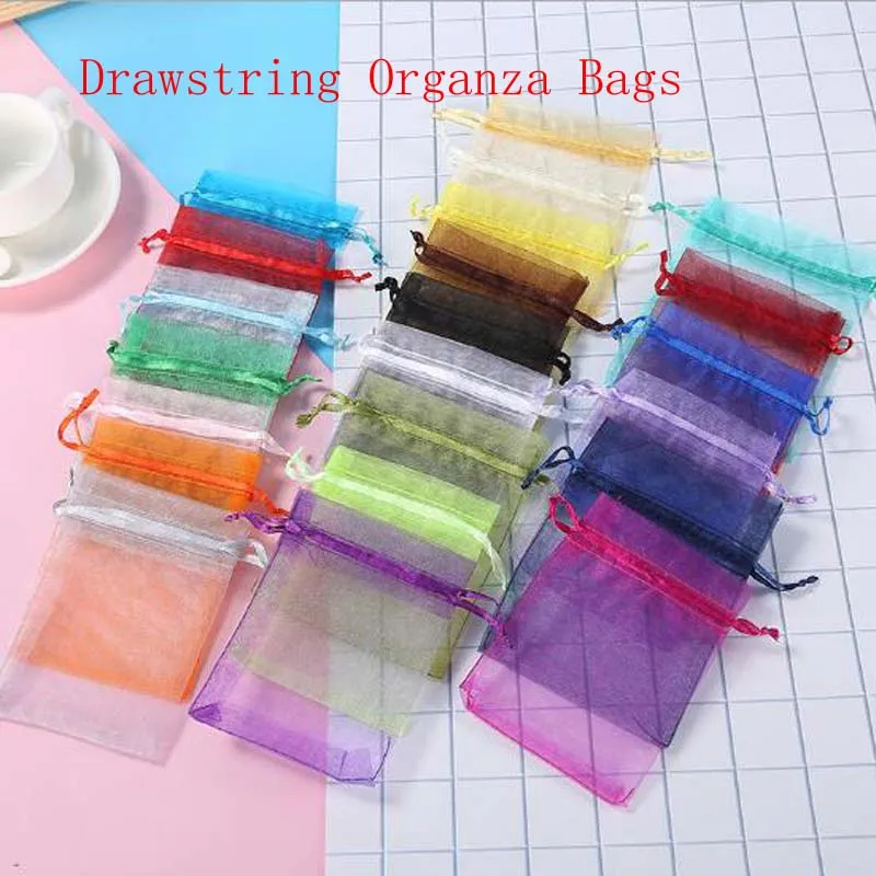Hot 100pcs/Lot 5x7 7x9 9x12 10x15 Jewelry Drawstring Bags Organza Packaging Bags Wedding Christmas Birthday Gift Packing Pouces