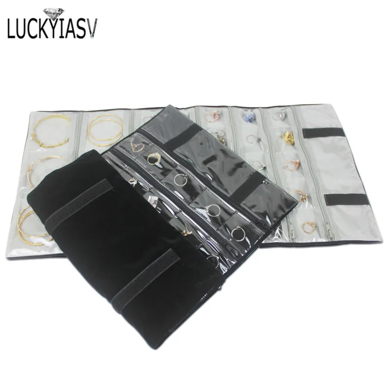 Fashion Black Velvet Zipper Jewelry Roll Bag for Jewellery Ring Earrings Organizer Storage Bag Portable Necklace Display Cases