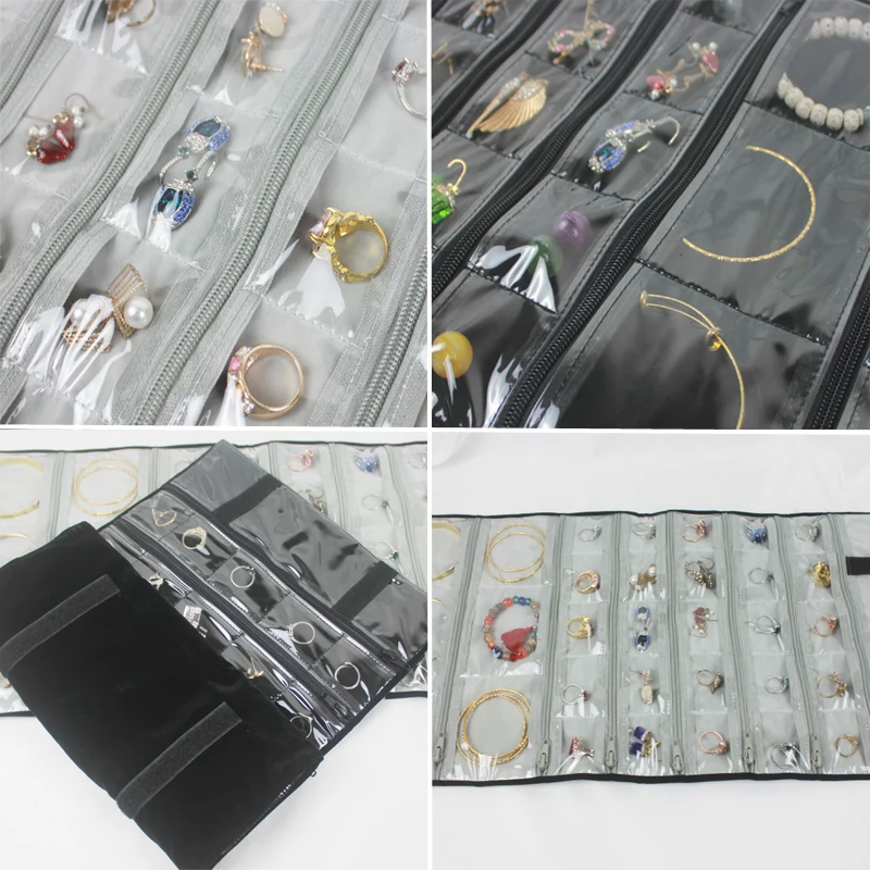 Fashion Black Velvet Zipper Jewelry Roll Bag for Jewellery Ring Earrings Organizer Storage Bag Portable Necklace Display Cases