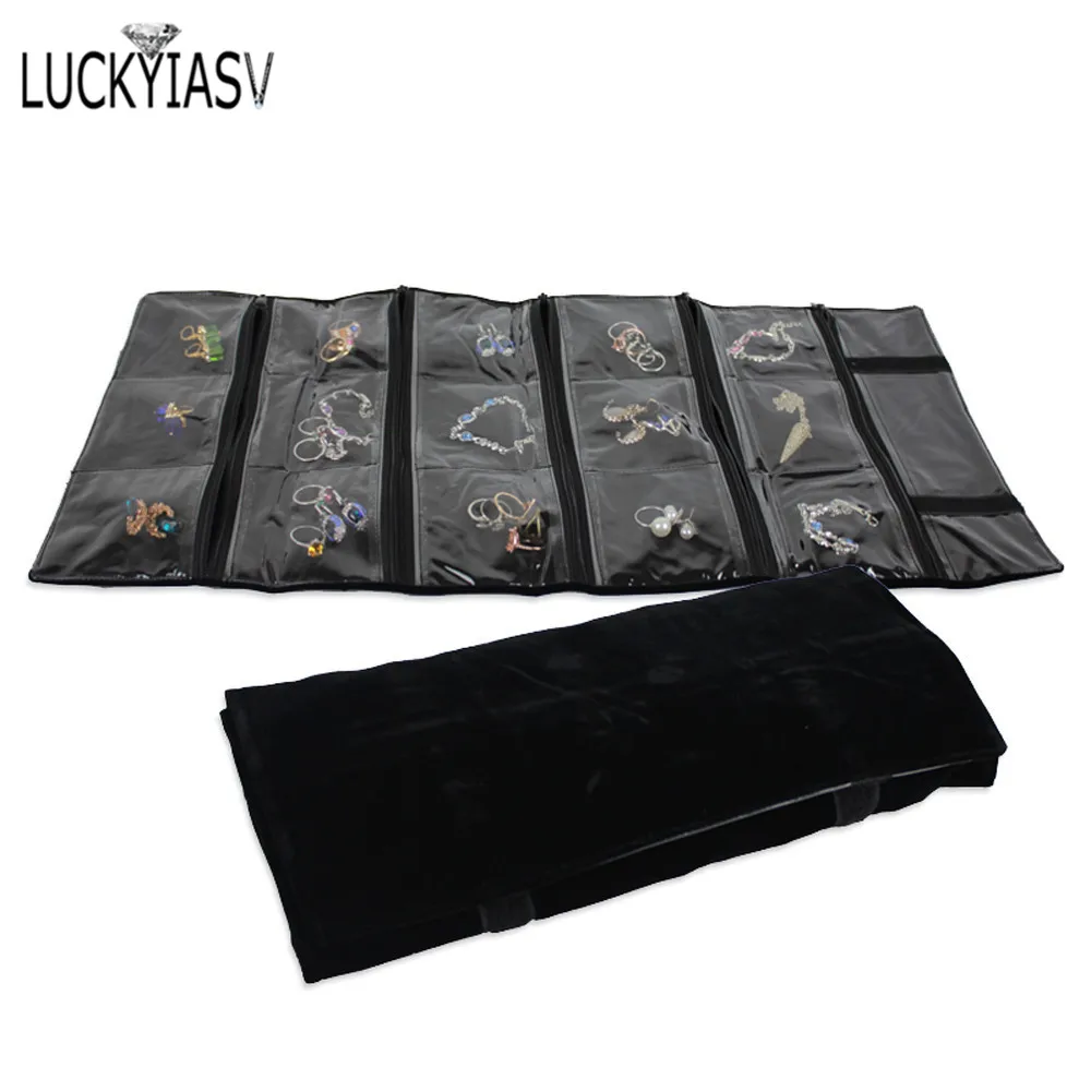 Fashion Black Velvet Zipper Jewelry Roll Bag for Jewellery Ring Earrings Organizer Storage Bag Portable Necklace Display Cases