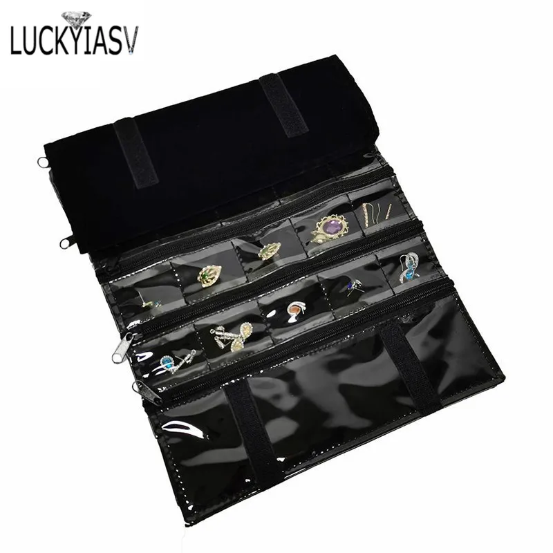 Fashion Black Velvet Zipper Jewelry Roll Bag for Jewellery Ring Earrings Organizer Storage Bag Portable Necklace Display Cases