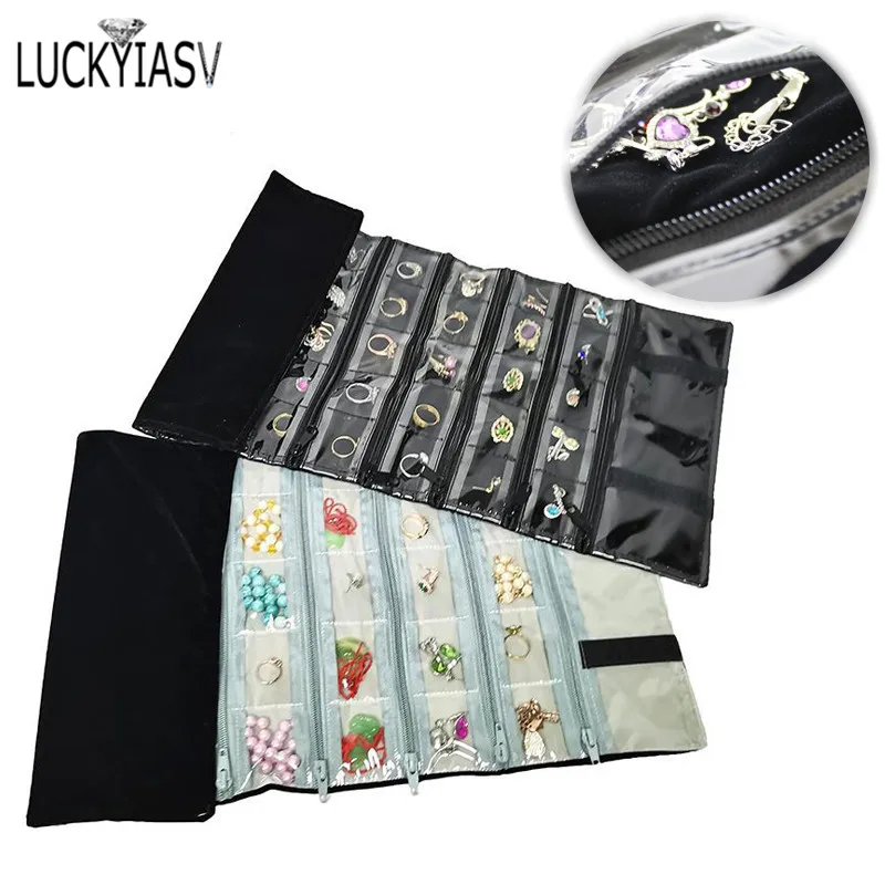 Fashion Black Velvet Zipper Jewelry Roll Bag for Jewellery Ring Earrings Organizer Storage Bag Portable Necklace Display Cases