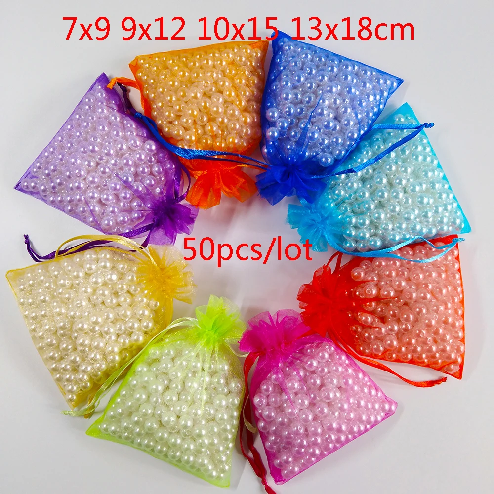 50pcs 7x9 9x12 10x15 13x18 CM Organza Bags Gift Bag Jewelry Packaging Bags Wedding Party Decoration Drawable Bags Gift Pouches
