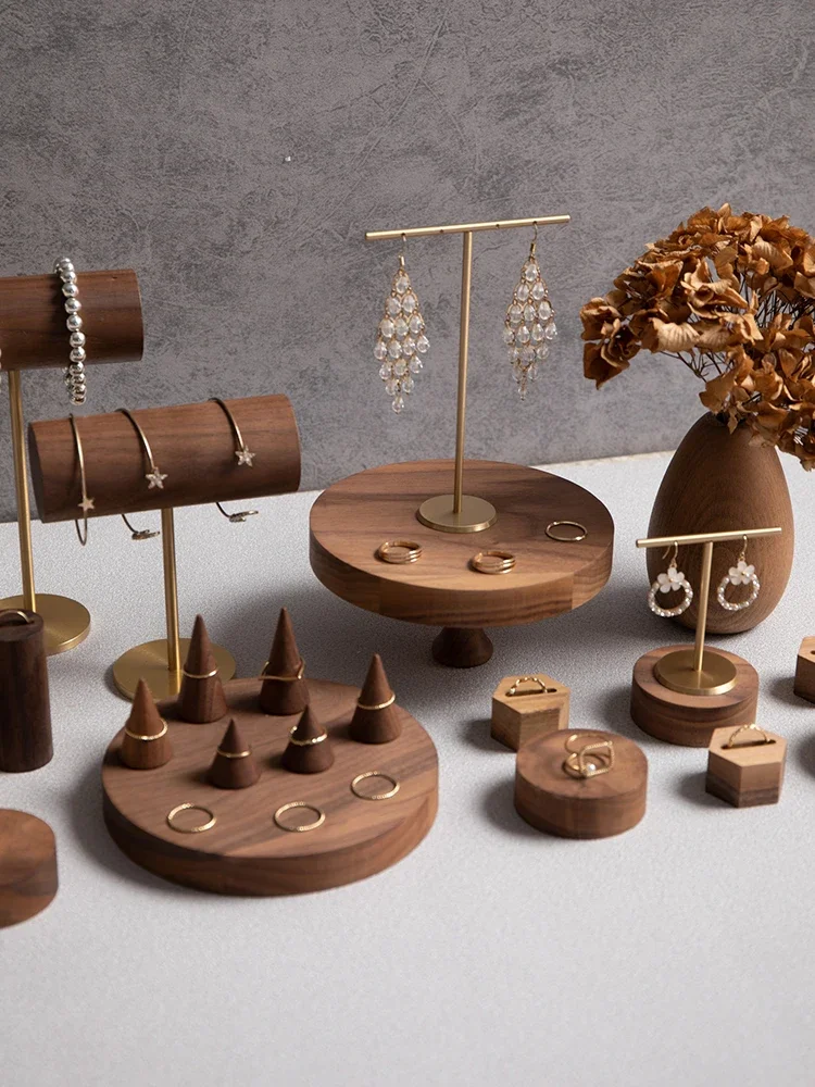 Wooden Walnut Jewelry Display Stand with Earring Tray Necklace Ring Earring Holder Organizer Jewellery Storage Box Shelf