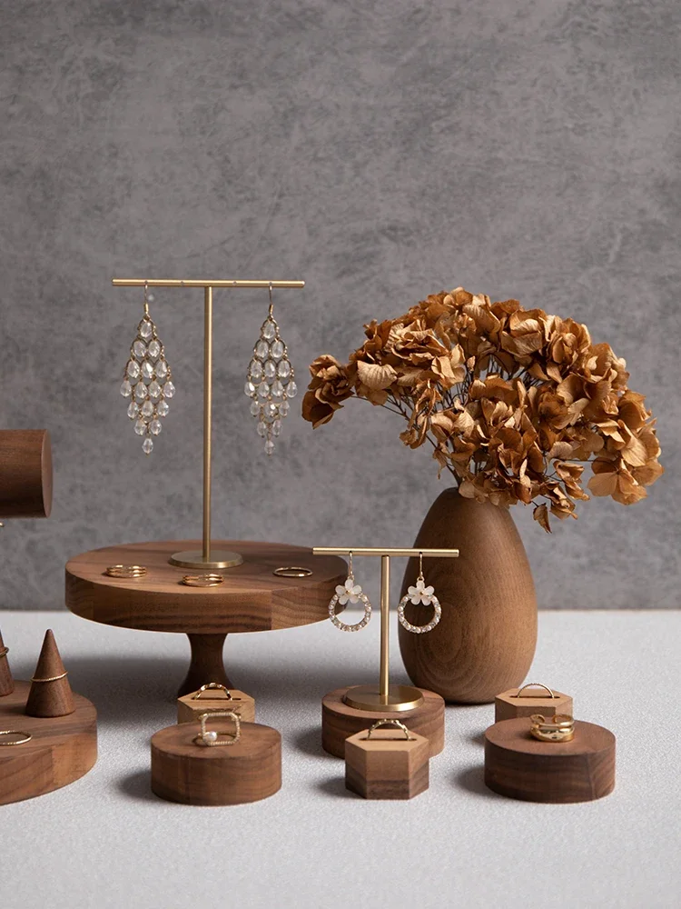 Wooden Walnut Jewelry Display Stand with Earring Tray Necklace Ring Earring Holder Organizer Jewellery Storage Box Shelf