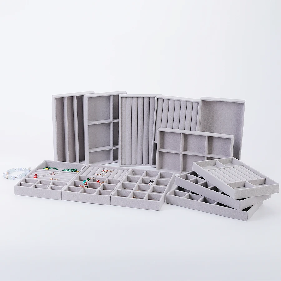 Jewelry Organizer Velvet Jewelry Storage Tray Display Ring Bracelet Necklace Storage Box Showcase Drawer Organizer Trays- GRAY