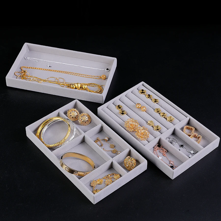 Jewelry Organizer Velvet Jewelry Storage Tray Display Ring Bracelet Necklace Storage Box Showcase Drawer Organizer Trays- GRAY