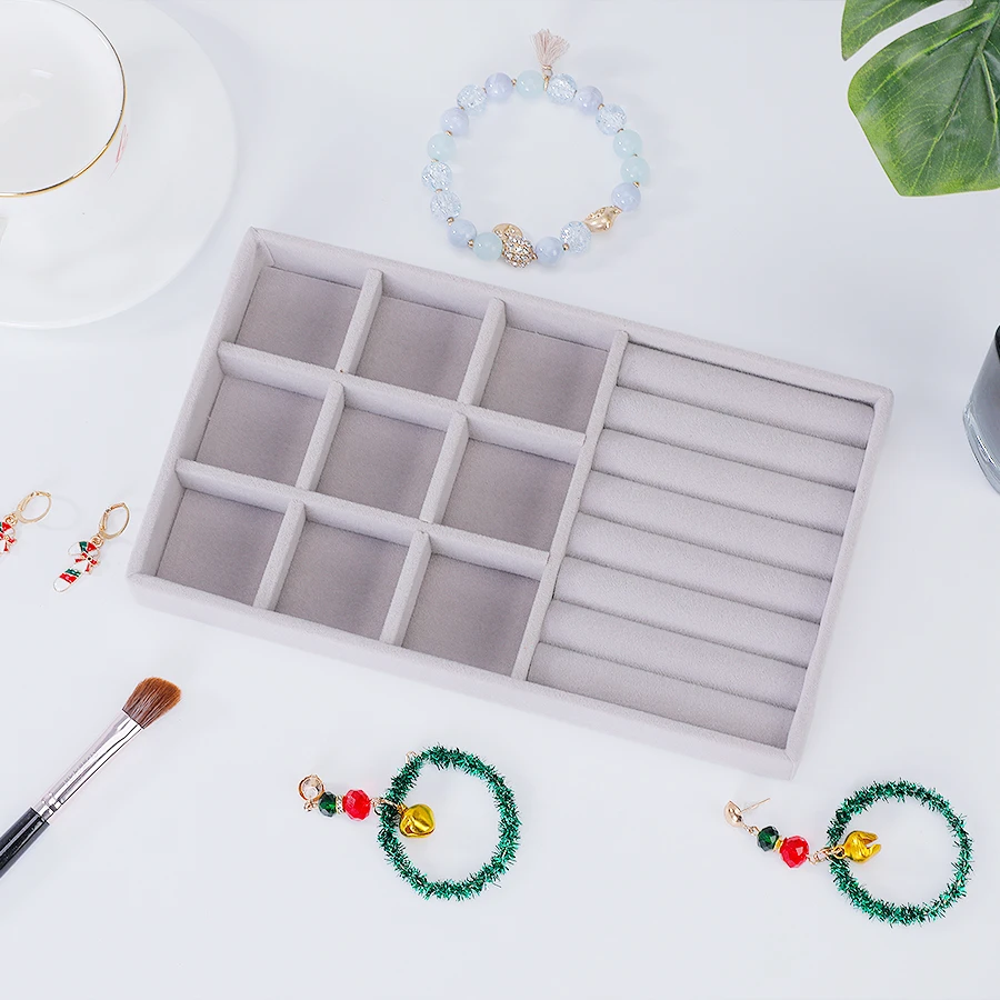 Jewelry Organizer Velvet Jewelry Storage Tray Display Ring Bracelet Necklace Storage Box Showcase Drawer Organizer Trays- GRAY
