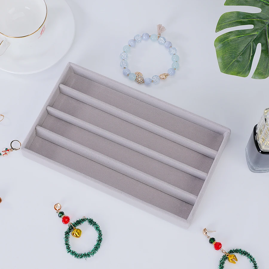 Jewelry Organizer Velvet Jewelry Storage Tray Display Ring Bracelet Necklace Storage Box Showcase Drawer Organizer Trays- GRAY