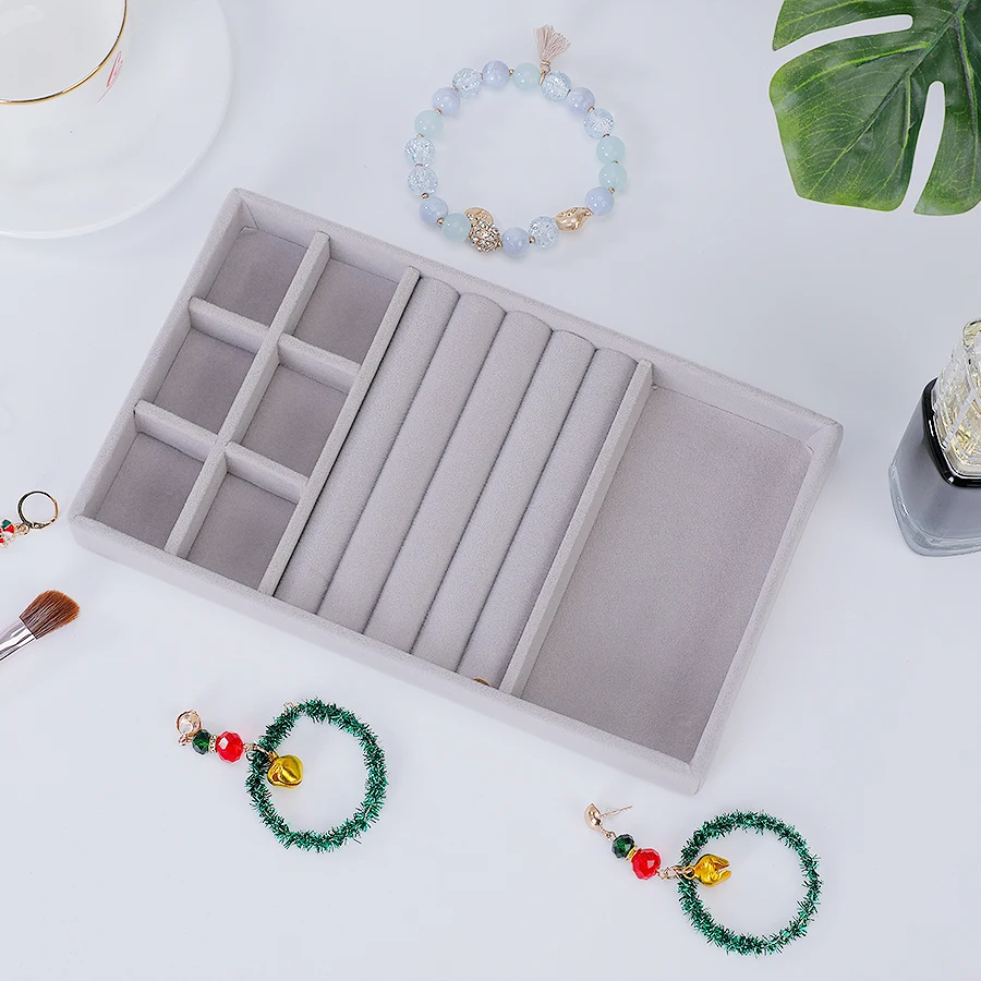 Jewelry Organizer Velvet Jewelry Storage Tray Display Ring Bracelet Necklace Storage Box Showcase Drawer Organizer Trays- GRAY