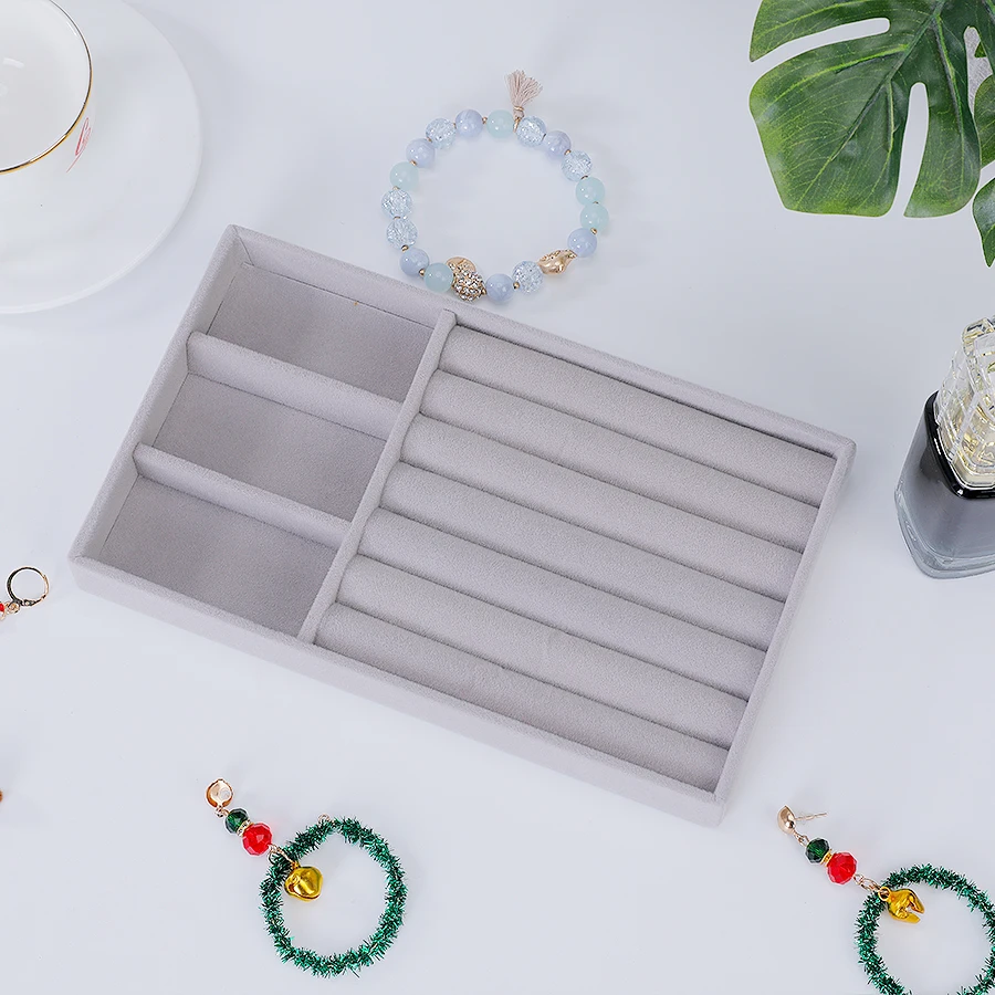 Jewelry Organizer Velvet Jewelry Storage Tray Display Ring Bracelet Necklace Storage Box Showcase Drawer Organizer Trays- GRAY