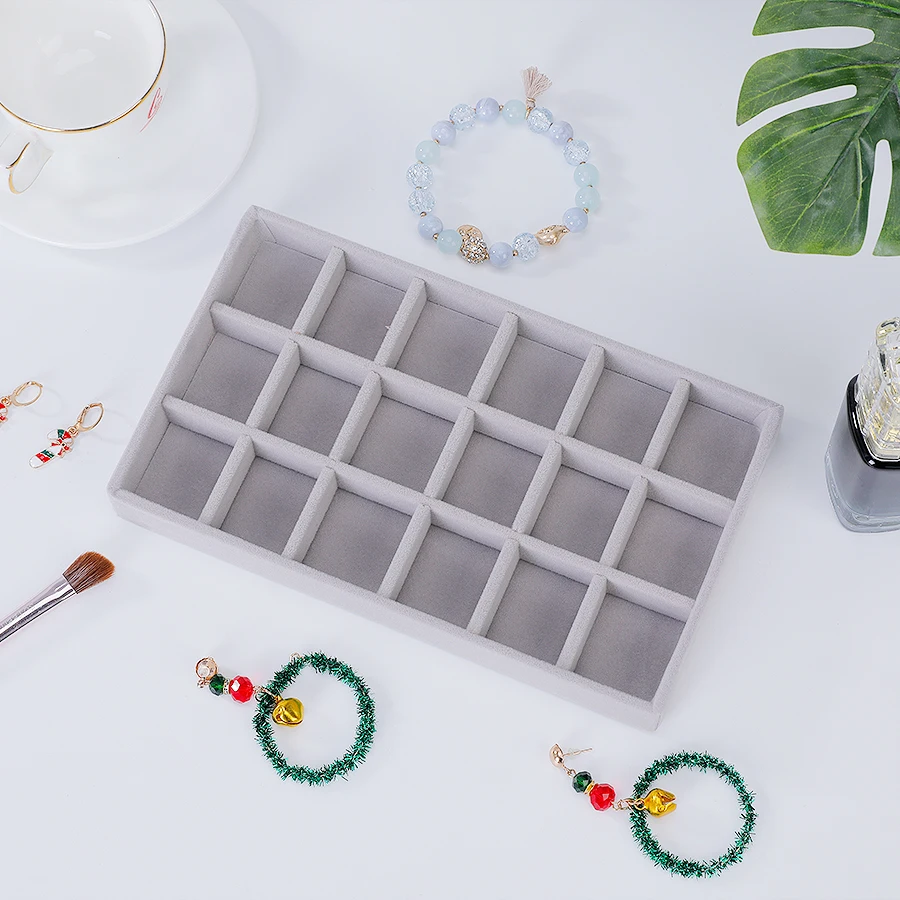 Jewelry Organizer Velvet Jewelry Storage Tray Display Ring Bracelet Necklace Storage Box Showcase Drawer Organizer Trays- GRAY