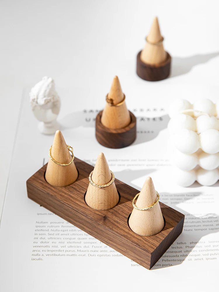 Wooden Jewelry Finger Ring Walnut Triangle Conical Jewelry Storage Display Stand For Rings Jewelry Holder Organizer Case