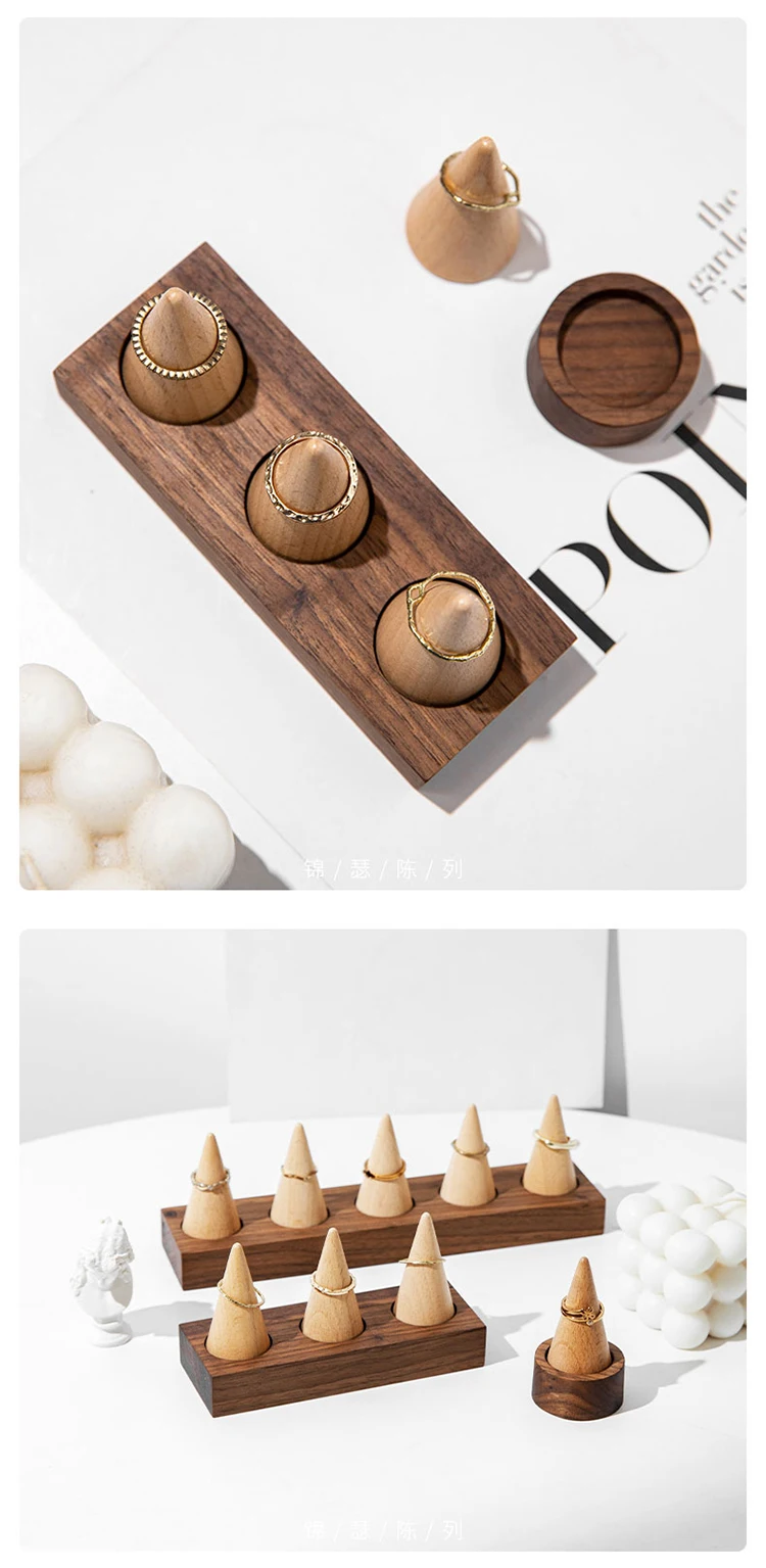 Wooden Jewelry Finger Ring Walnut Triangle Conical Jewelry Storage Display Stand For Rings Jewelry Holder Organizer Case