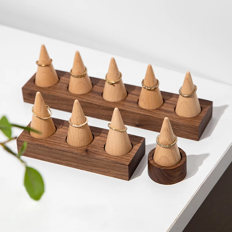 Wooden Jewelry Finger Ring Walnut Triangle Conical Jewelry Storage Display Stand For Rings Jewelry Holder Organizer Case