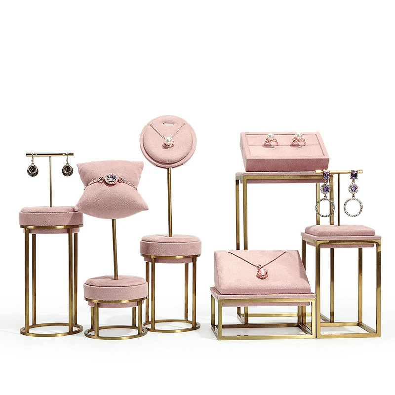 Pink Fabric Jewelry Display Stand Metal Rack Jewelry Exhibition Earrings Necklace Display Props Set Model Showcase