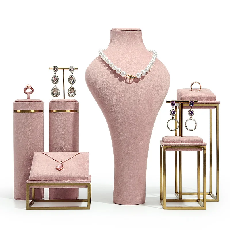 Pink Fabric Jewelry Display Stand Metal Rack Jewelry Exhibition Earrings Necklace Display Props Set Model Showcase