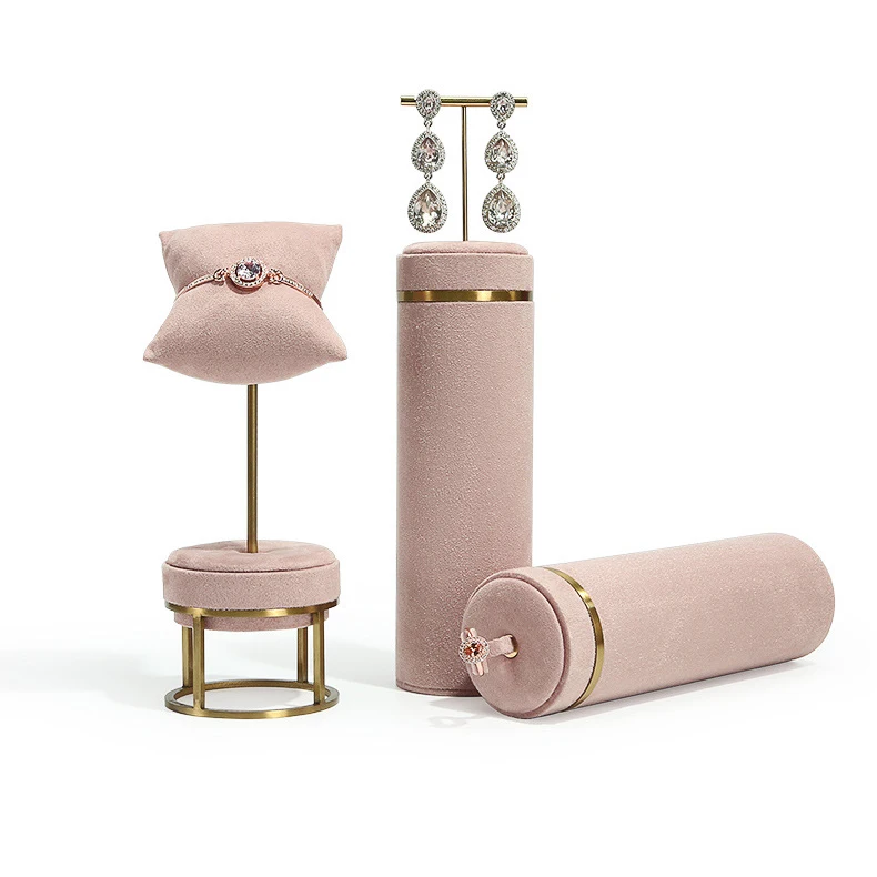 Pink Fabric Jewelry Display Stand Metal Rack Jewelry Exhibition Earrings Necklace Display Props Set Model Showcase