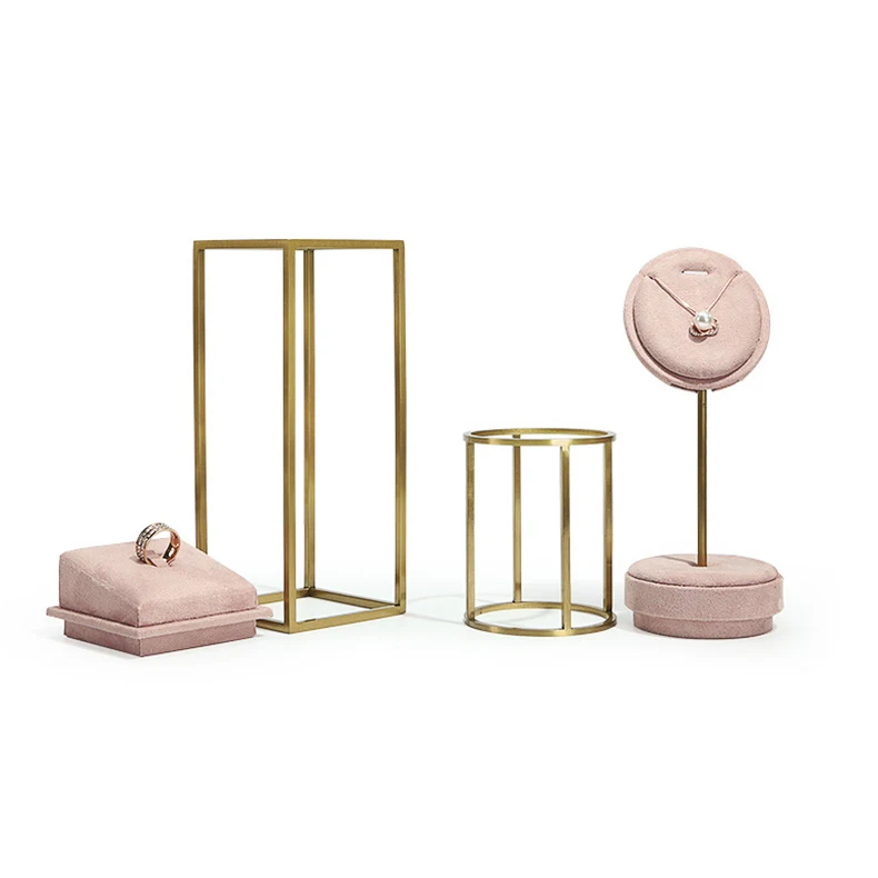Pink Fabric Jewelry Display Stand Metal Rack Jewelry Exhibition Earrings Necklace Display Props Set Model Showcase