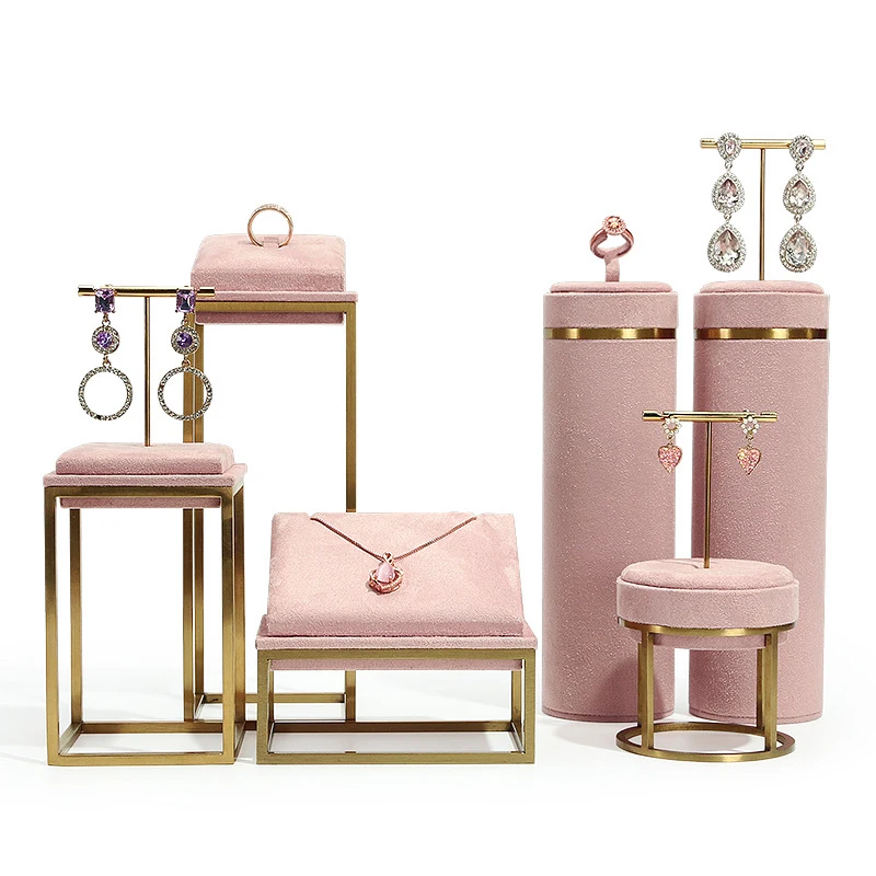 Pink Fabric Jewelry Display Stand Metal Rack Jewelry Exhibition Earrings Necklace Display Props Set Model Showcase