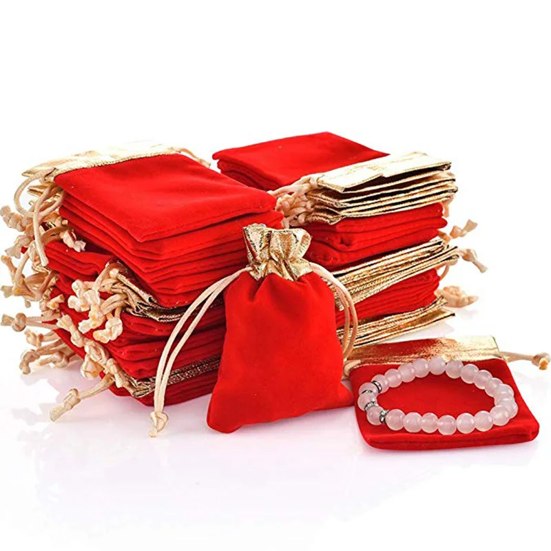 100pcs Luxury Velvet Jewelry Bags 10x12cm Black Red Birthday Party Wedding Favor Gift Packaging Drawstring Pouch Can Custom Logo