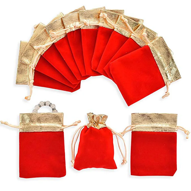 100pcs Luxury Velvet Jewelry Bags 10x12cm Black Red Birthday Party Wedding Favor Gift Packaging Drawstring Pouch Can Custom Logo