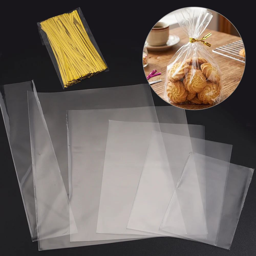 100pcs Transparent Flat Bags With Twist Ties Clear OPP Bag Party Wedding Supply Gifts Bag Candy Dessert Festival Gift Packaging