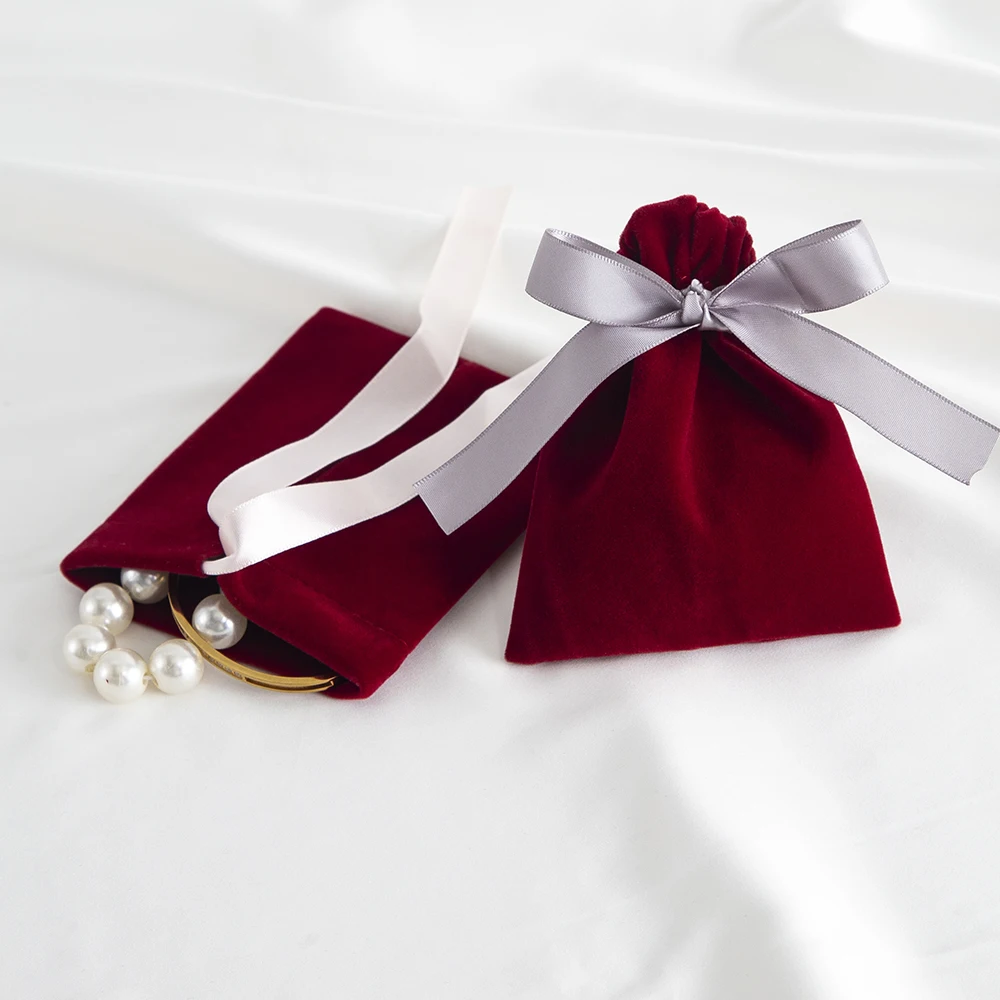 5Pcs Wine Jewelry Velvet Bag Rings Earrings Stud Pendant Bracelet Phone Packaging Burgundy Pouch Wedding Favors Pocket Organizer