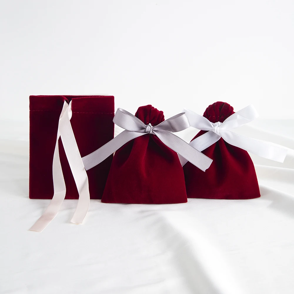 5Pcs Wine Jewelry Velvet Bag Rings Earrings Stud Pendant Bracelet Phone Packaging Burgundy Pouch Wedding Favors Pocket Organizer