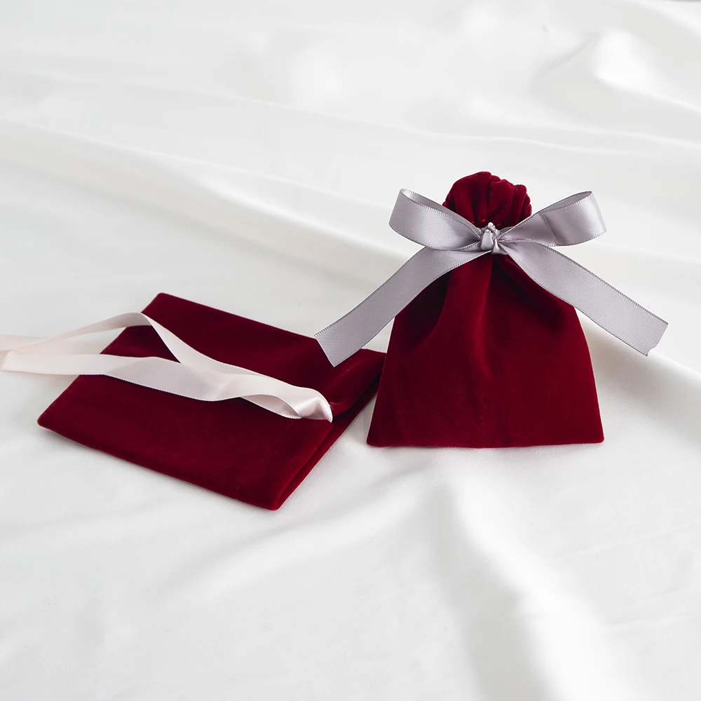5Pcs Wine Jewelry Velvet Bag Rings Earrings Stud Pendant Bracelet Phone Packaging Burgundy Pouch Wedding Favors Pocket Organizer