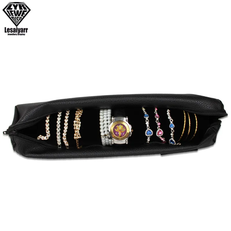 Portable Velvet Jewelry Storage Bag Jewelry Travel Roll Bag Black Leather Watch Bracelet Organizer Display Box