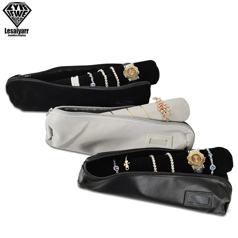 Portable Velvet Jewelry Storage Bag Jewelry Travel Roll Bag Black Leather Watch Bracelet Organizer Display Box