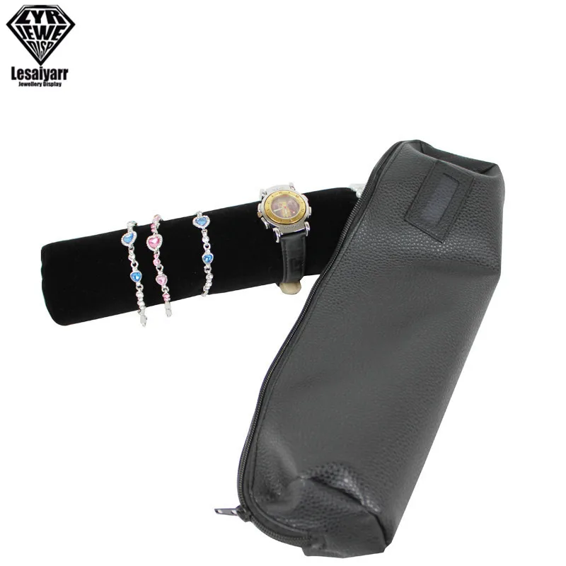 Portable Velvet Jewelry Storage Bag Jewelry Travel Roll Bag Black Leather Watch Bracelet Organizer Display Box