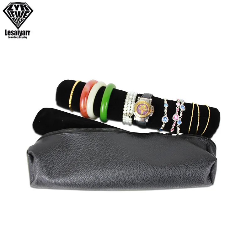 Portable Velvet Jewelry Storage Bag Jewelry Travel Roll Bag Black Leather Watch Bracelet Organizer Display Box