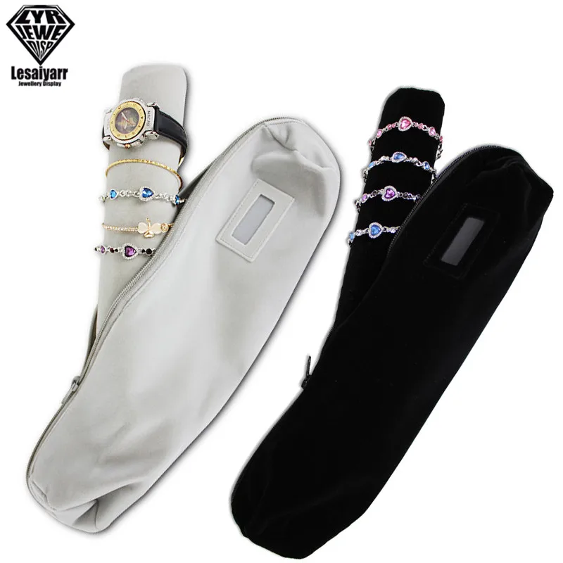 Portable Velvet Jewelry Storage Bag Jewelry Travel Roll Bag Black Leather Watch Bracelet Organizer Display Box