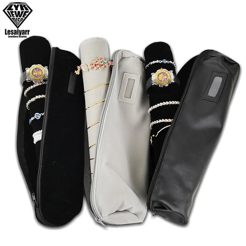 Portable Velvet Jewelry Storage Bag Jewelry Travel Roll Bag Black Leather Watch Bracelet Organizer Display Box