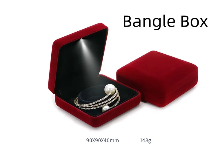 Luxury Wine Red Velvet LED Jewellery Box Wedding Ring Pendant Earring Jewelry Display Packaging Cases Free Custom Logo