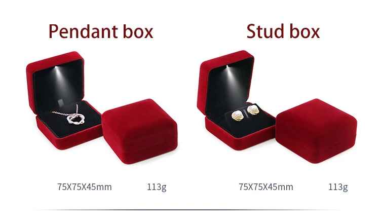 Luxury Wine Red Velvet LED Jewellery Box Wedding Ring Pendant Earring Jewelry Display Packaging Cases Free Custom Logo