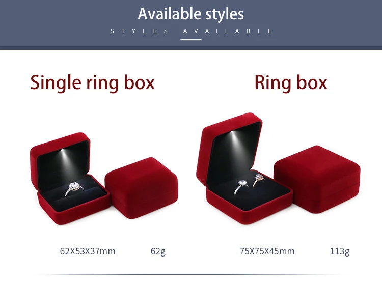 Luxury Wine Red Velvet LED Jewellery Box Wedding Ring Pendant Earring Jewelry Display Packaging Cases Free Custom Logo