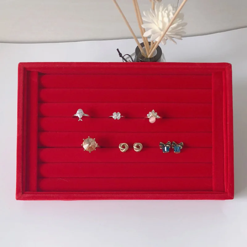 Newly White PU Rings/Flat Jewelry Display Velvet Slots Earrings Rings Tray Organizer Holder Case Box  8 Colors