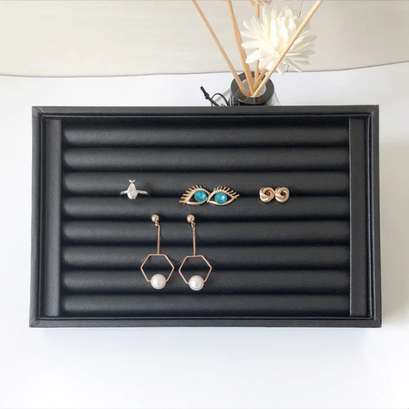 Newly White PU Rings/Flat Jewelry Display Velvet Slots Earrings Rings Tray Organizer Holder Case Box  8 Colors