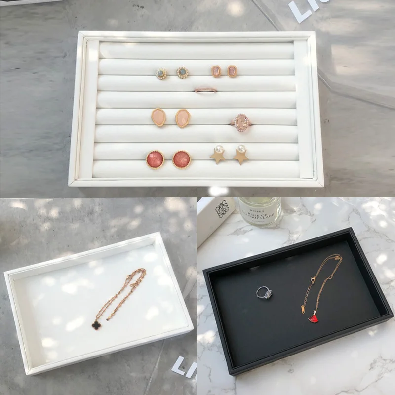 Newly White PU Rings/Flat Jewelry Display Velvet Slots Earrings Rings Tray Organizer Holder Case Box  8 Colors