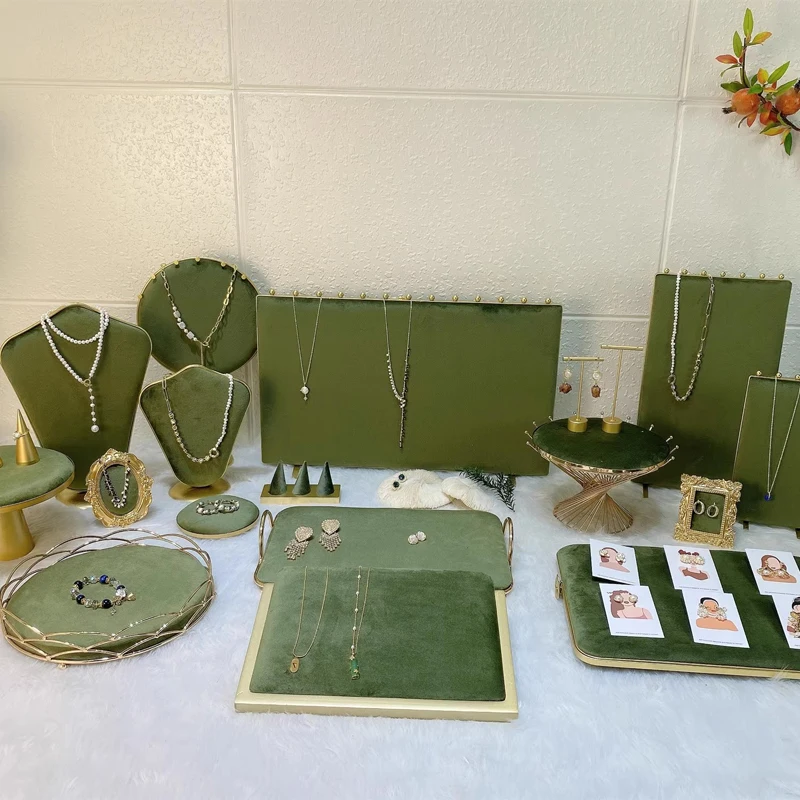 Fashion Grass Green Series Velvet Jewelry Display Rack Jewelry Shop Window Necklace Display Ring Bracelet Ornaments Rack